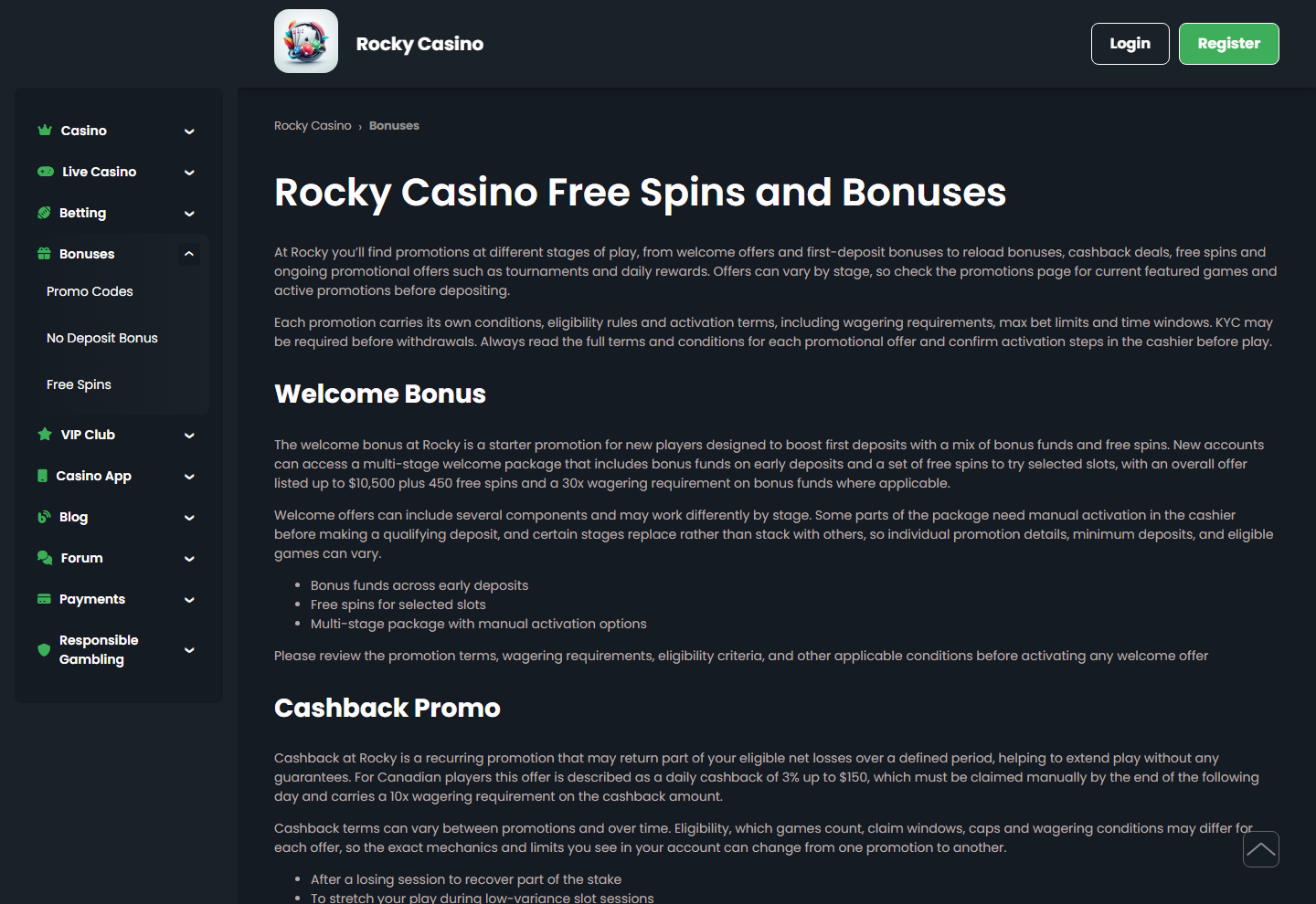 De bonuspagina van Rocky Casino met het geopende submenu Promo Codes, No Deposit Bonus en Free Spins