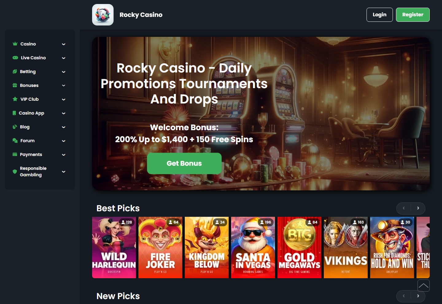 De startpagina van Rocky Casino op 25 augustus 2026, met de welkomstbonusbanner en de spellobby