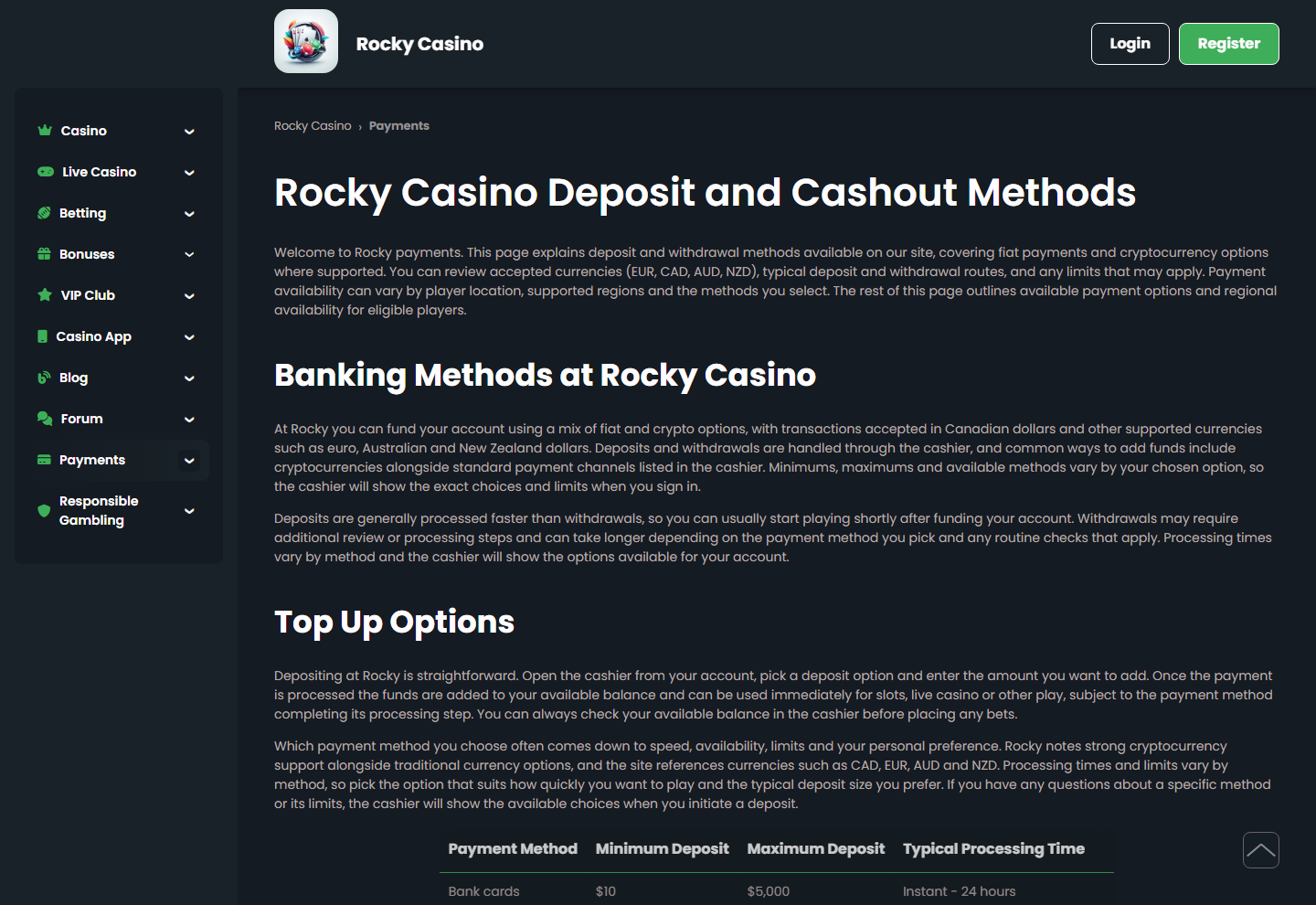 De betaalpagina van Rocky Casino met stortings- en opnamemethoden en hun limieten
